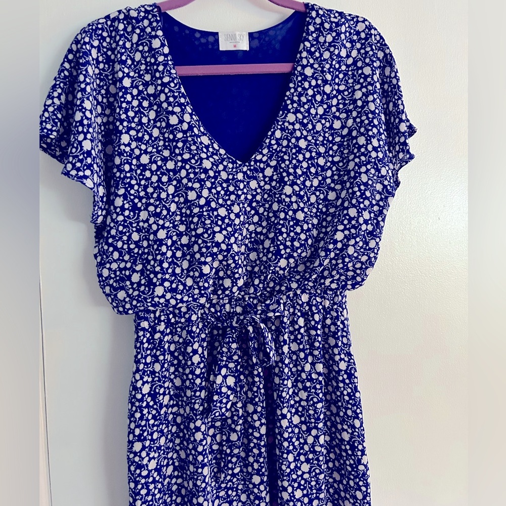 Blue and white floral midi dress